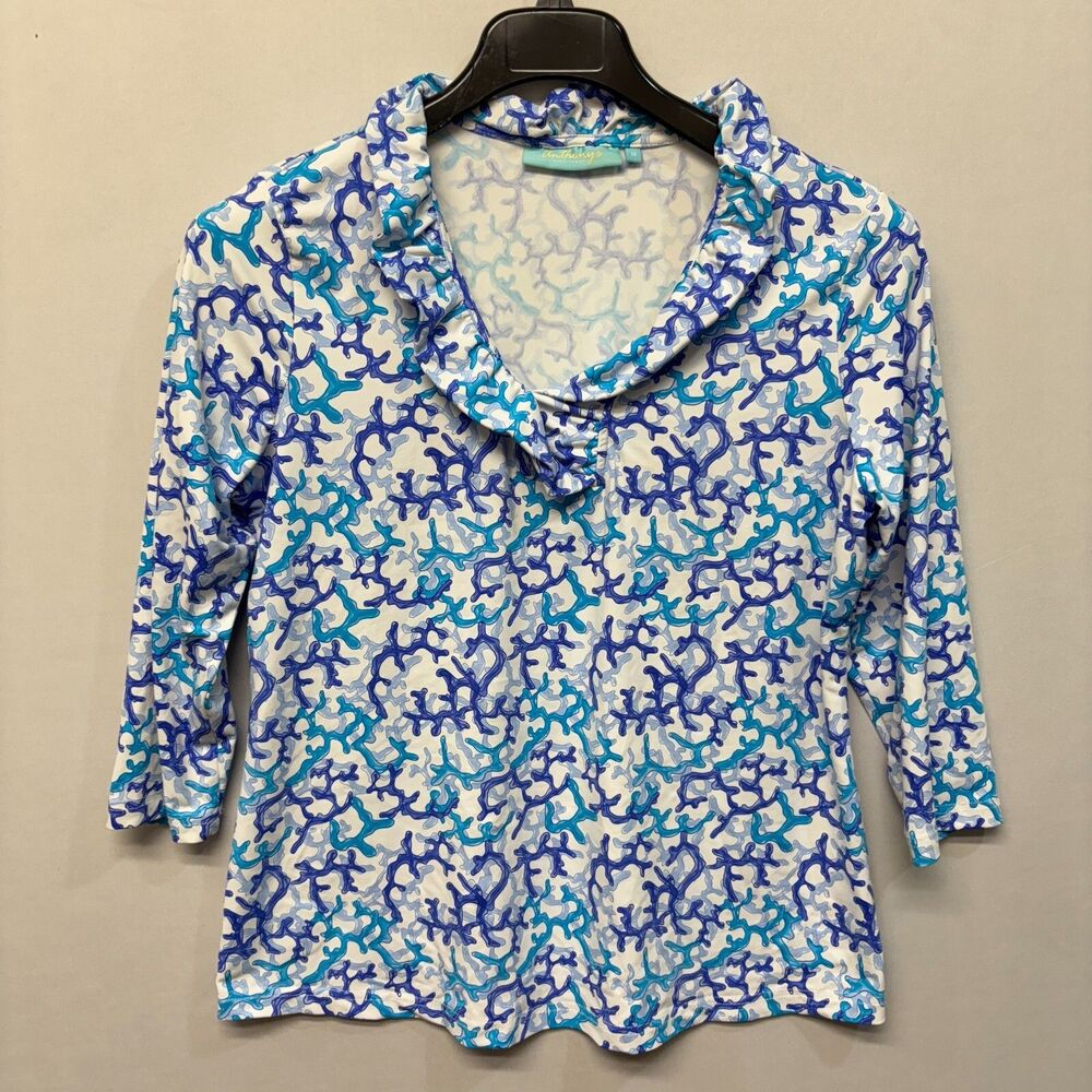 Anthony's Resort Wear Women 3/4 Sleeve Top Shirt Size Medium Floral Blue D012 30